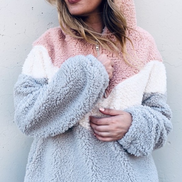 Sherpa Half-Zip Color Block Fleece Hoodie Top - Picture 5 of 7